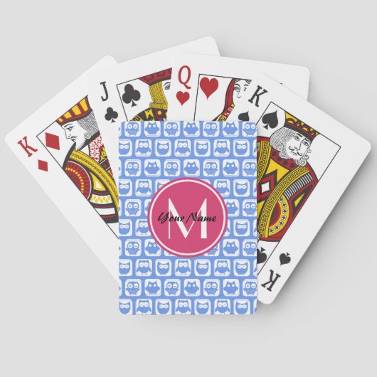 Blue Owl Pattern roze Aangepast monogram aangepast Pokerkaarten (Achterkant)