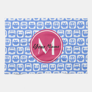 Blue Owl Pattern roze Aangepast monogram aangepast Theedoek