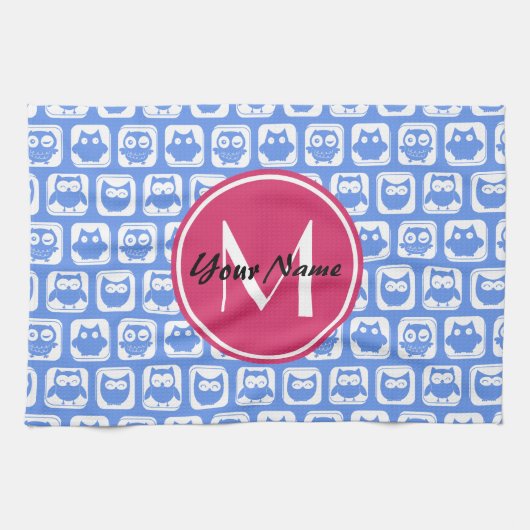 Blue Owl Pattern roze Aangepast monogram aangepast Theedoek (Horizontaal)