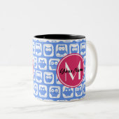 Blue Owl Pattern roze Aangepast monogram aangepast Tweekleurige Koffiemok (Voorkant rechts)