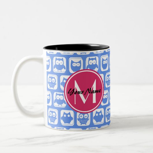 Blue Owl Pattern roze Aangepast monogram aangepast Tweekleurige Koffiemok (Links)