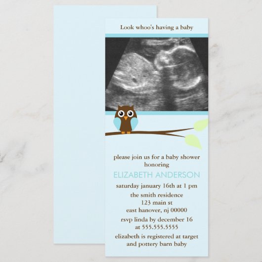 Blue Owl Sonogram Baby Shower Invitations Kaart (Voorkant / Achterkant)
