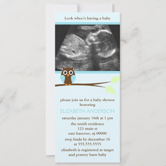 Blue Owl Sonogram Baby Shower Invitations Kaart (Voorkant)