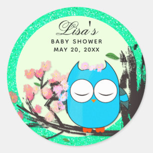 Blue Owl Spring Blossom Blauwgroen Glitter Envelop Ronde Sticker
