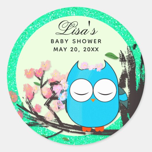 Blue Owl Spring Blossom Blauwgroen Glitter Envelop Ronde Sticker (Voorkant)