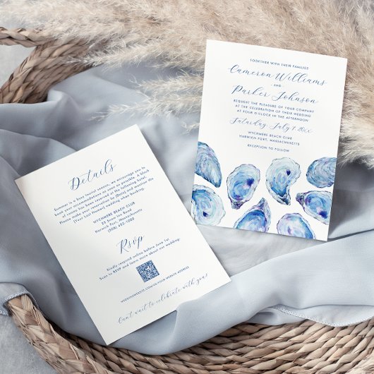 Blue Oyster Shell All-in-One QR-code RSVP Huwelijk Kaart
