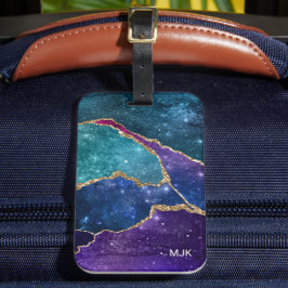 Blue Paars Aqua Gold Veins Agate Monogram Bagagelabel