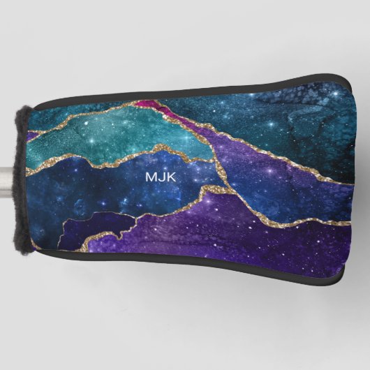 Blue Paars Aqua Gold Veins Agate Monogram Golfheadcover (Voorkant)