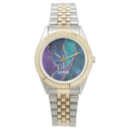 Blue Paars Aqua Gold Veins Agate Monogram Horloge