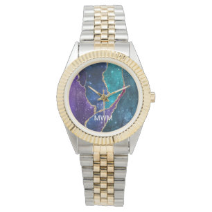 Blue Paars Aqua Gold Veins Agate Monogram Horloge