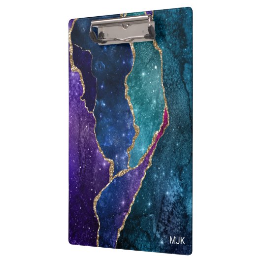 Blue Paars Aqua Gold Veins Agate Monogram Klembord (Links)