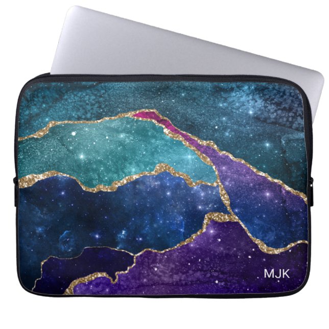 Blue Paars Aqua Gold Veins Agate Monogram Laptop Sleeve (Voorkant)