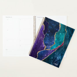 Blue Paars Aqua Gold Veins Agate Monogram Planner