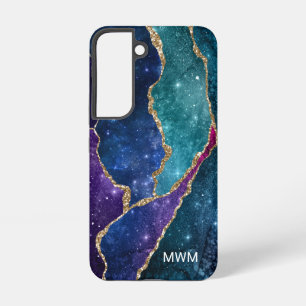 Blue Paars Aqua Gold Veins Agate Monogram Samsung Galaxy Hoesje