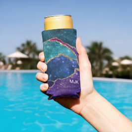 Blue Paars Aqua Gold Veins Agate Monogram Seltzer Blikjeskoeler