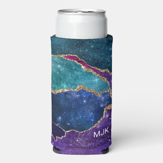 Blue Paars Aqua Gold Veins Agate Monogram Seltzer Blikjeskoeler (Seltzer Voorkant)