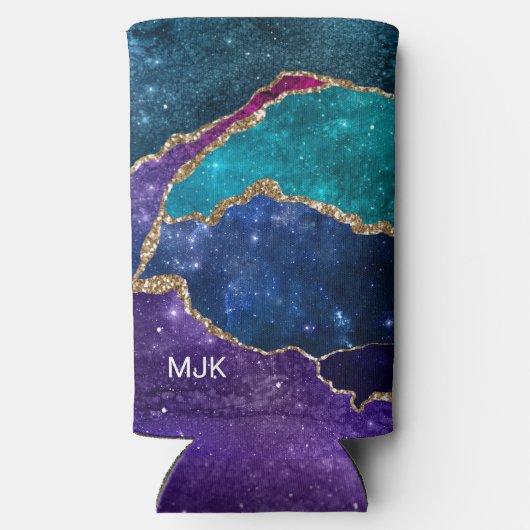 Blue Paars Aqua Gold Veins Agate Monogram Seltzer Blikjeskoeler (Achterkant)