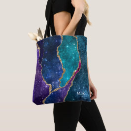 Blue Paars Aqua Gold Veins Agate Monogram Tote Bag