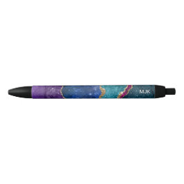 Blue Paars Aqua Gold Veins Agate Monogram Zwarte Inkt Pen