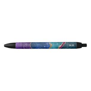 Blue Paars Aqua Gold Veins Agate Monogram Zwarte Inkt Pen