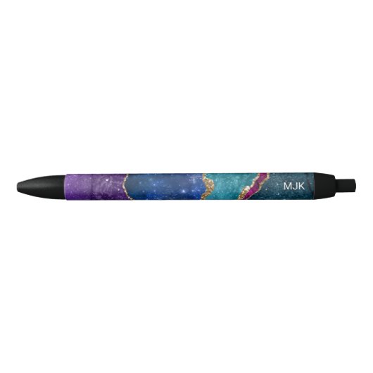 Blue Paars Aqua Gold Veins Agate Monogram Zwarte Inkt Pen (Voorkant)