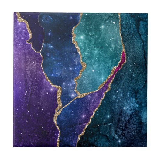 Blue Paars Aqua Gold Veins Agate Tegeltje (Voorkant)