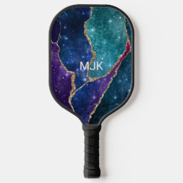 Blue Paars Aqua Gold Veins Monogram Agate Pickleball Paddle
