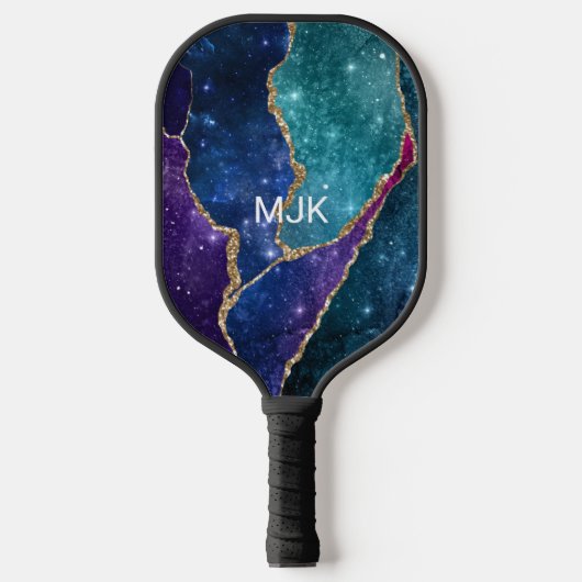 Blue Paars Aqua Gold Veins Monogram Agate Pickleball Paddle (Voorkant)