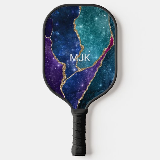 Blue Paars Aqua Gold Veins Monogram Agate Pickleball Paddle (Achterkant)