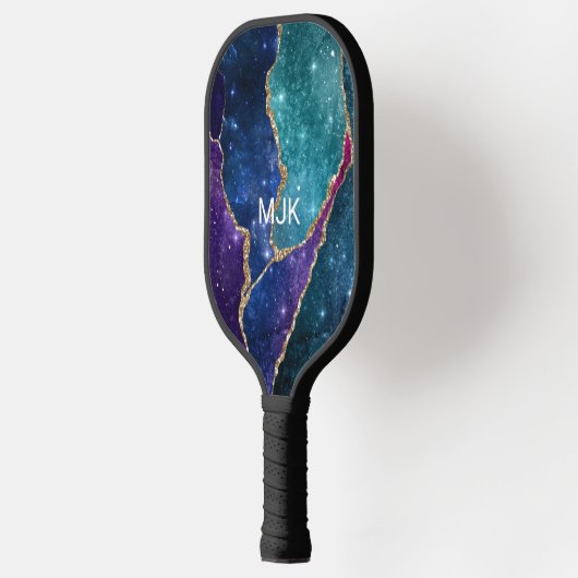 Blue Paars Aqua Gold Veins Monogram Agate Pickleball Paddle (Links)