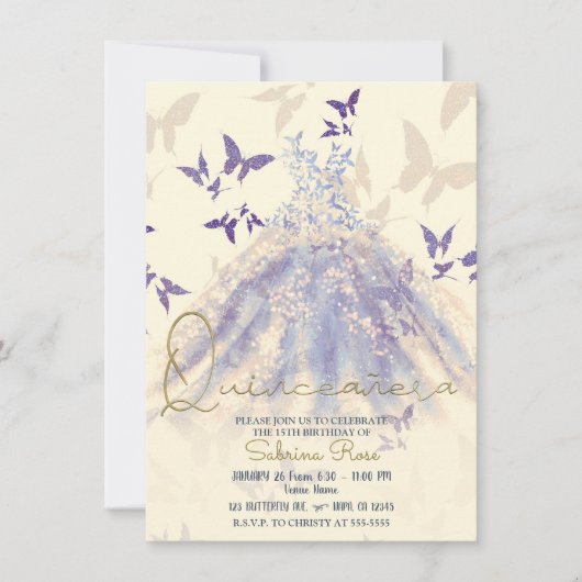 Blue Paars Butterfly Dance Quinceañera Kaart (Voorkant)