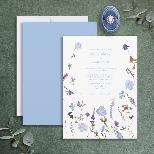Blue Paars Floral Botanical Script Photo Weddensch Kaart