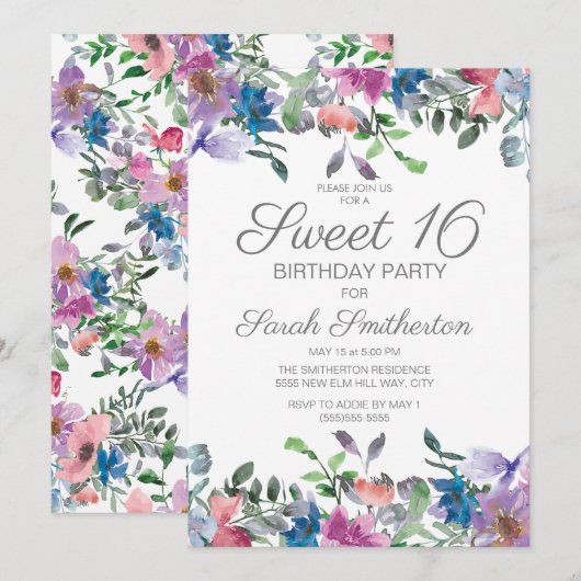 Blue Paars Floral Sweet 16 Birthday Party Kaart (Voorkant / Achterkant)