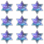 Blue Paars Galaxy Star van David Bar Bat Mitzvah Sticker<br><div class="desc">(BELANGRIJKE OPMERKING: BIJ 14 X 14 BLADGROOTTE ZIJN STICKERS VAN 3, 5 X 4." Het maken van de plaatgrootte kleiner zal ook de stickers en tekstgrootte kleiner maken). Deze ster van David stickers kan op deze grote schaal prachtig werken als elegant dank je stickers voor de loterij, de snoepjes dozen...</div>