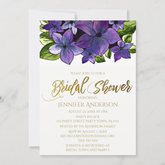 Blue Paars Gold Floral Bouquet Vrijgezellenfeest Kaart (Voorkant)