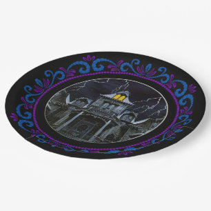 Blue Paars Haunted House Halloween Papieren Bordje