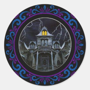 Blue Paars Haunted House Halloween Ronde Sticker
