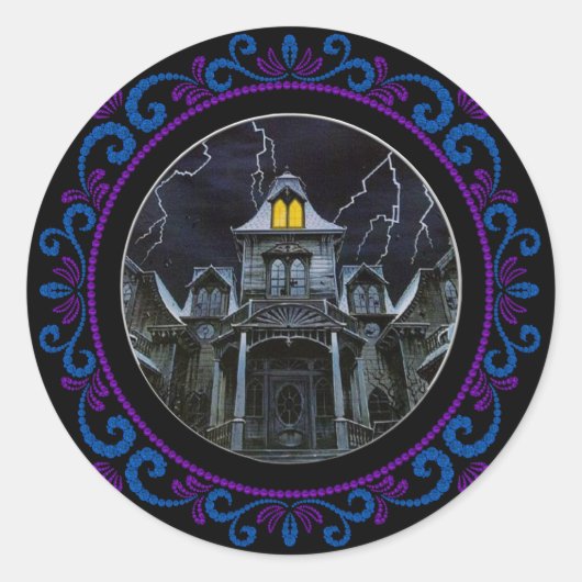 Blue Paars Haunted House Halloween Ronde Sticker (Voorkant)