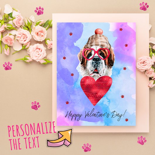 Blue Paars Saint Bernard Valentijnsdag Gift Dog Feestdagenkaart