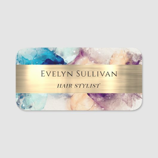 Blue Paars Waterverf en Gold Foil Name Tag (Voorkant)