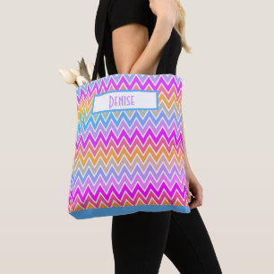 Blue Paars Yellow Rainbow Chevron Monogrammed Tote Bag
