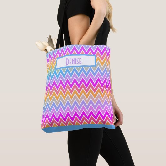 Blue Paars Yellow Rainbow Chevron Monogrammed Tote Bag (Dichtbij)