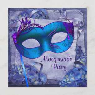 Blue Paarse Hydrangea Masquerade Party Uitnodiging