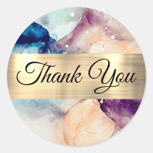 Blue Paarse Waterverf en Gold Foil Hartelijk dank Ronde Sticker (Voorkant)