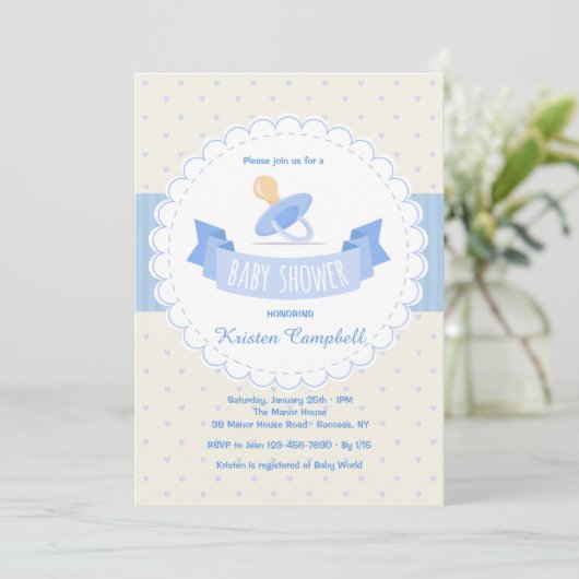 Blue Pacifier Baby shower Invitation Kaart (Staand voorkant)
