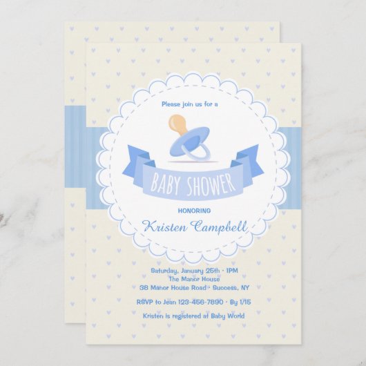 Blue Pacifier Baby shower Invitation Kaart (Voorkant / Achterkant)