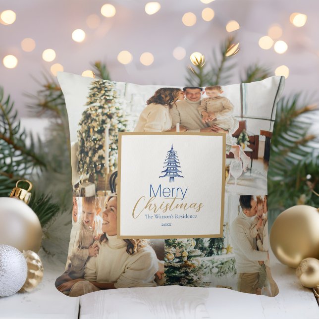 Blue Pagoda Kerstboom 3-Foto Sierkussen (Blue Pagoda Christmas Tree 3-Photo Throw Pillow)