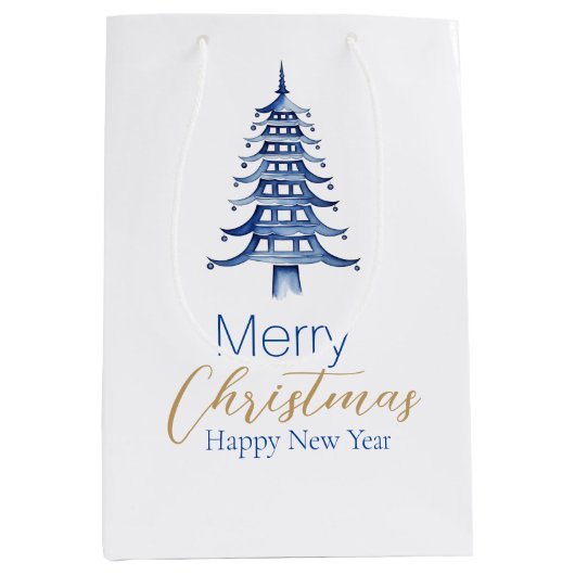 Blue Pagoda Kerstboom Gift Bag Medium Cadeauzakje (Voorkant)