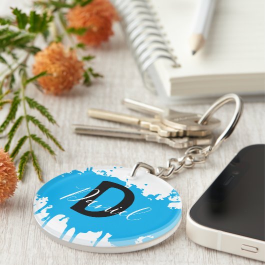 Blue Paint Splash Monogram Keychain Personalized (Voorkant Rechts)