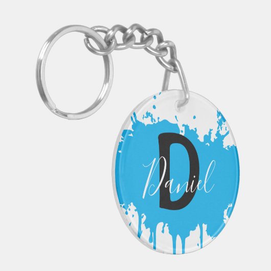Blue Paint Splash Monogram Keychain Personalized (Voorkant Links)